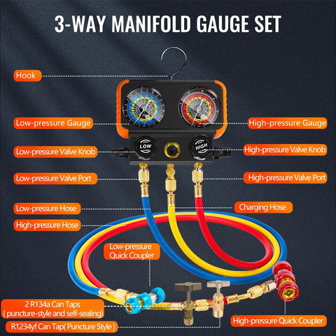 Image of R1234yf Auto HVAC Vacuum Pump And Gauge Kit With 4.5 CFM Leak Detector Can Tap Quick Couplers and three-way manifold.