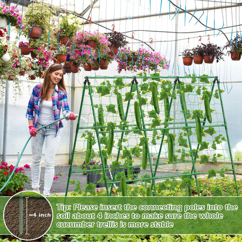 Woman watering Yard-Ready Adjustable A-Frame Garden Trellis For Cucumbers And Other Climbing Plants, 45 by 53 inch support.