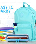Top Shelf Four Pack Clear Hard Shell Zipper Cases In Vibrant Blue Durable Plastic Travel Pouches For No Sweat Organization And Reliable Everyday Carry Protection next to a backpack and books.