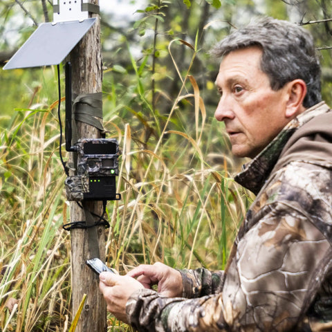 All Day Energy Boost Solar Panel For Y2 Cellular Trail Camera mounted on tree, powering camera while user checks device.
