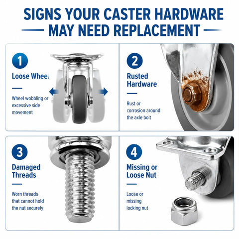 Image showing signs your caster hardware may need replacement, including loose wheel and rusted bolts in caster wheel systems.