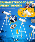 Beginner Friendly 80mm Refractor Telescope Kit with adjustable tripod for kids and adults displayed in three different heights.