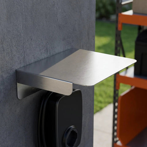 Heavy Duty EV Charger Protective Housing With Waterproof Outdoor Box Cover Built From Rock Solid Stainless Steel mounted on a wall.