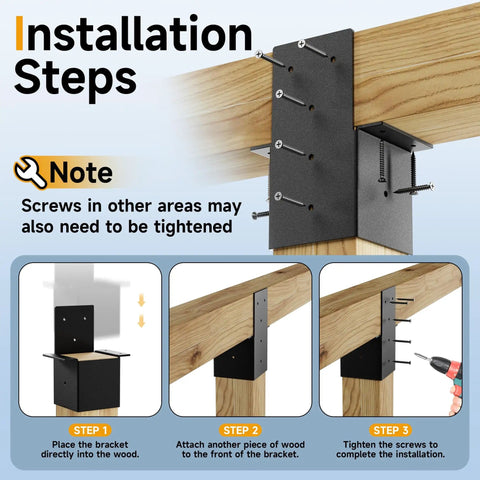 Heavy Duty 4x4 Pergola Bracket Set for Wood Posts installation steps with black powder coated brackets and screws
