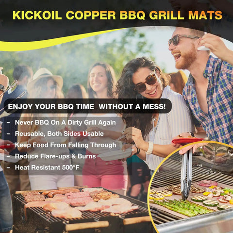 Set Of 6 Copper Grill Mats For Outdoor Grilling Nonstick Heavy Duty Easy To Clean shown in BBQ scene with friends.