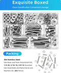 265 Piece Hex Bolt And Nut Assortment Kit Featuring 304 Stainless Steel Fasteners with flat and lock washers in storage box.