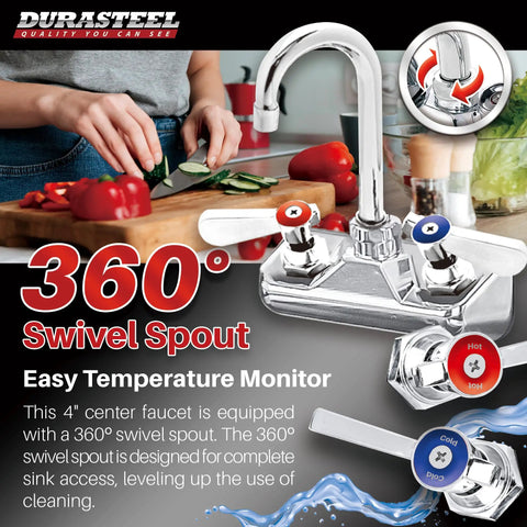 Wall Mount Commercial Hand Sink Faucet With 4 Inch Center, 3-1/2 Gooseneck Spout Rotates 360 Degrees, Dual Temp Levers