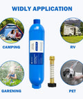 Four Pack RV Inline Water Filter Kit With Hose Protectors Uses Advanced GAC And KDF Media To Make Your Drinking Water Hit Different By Blocking Chlorine Rust And Sediment For Camper Boat And Van Life Crews, showing filter with applications.