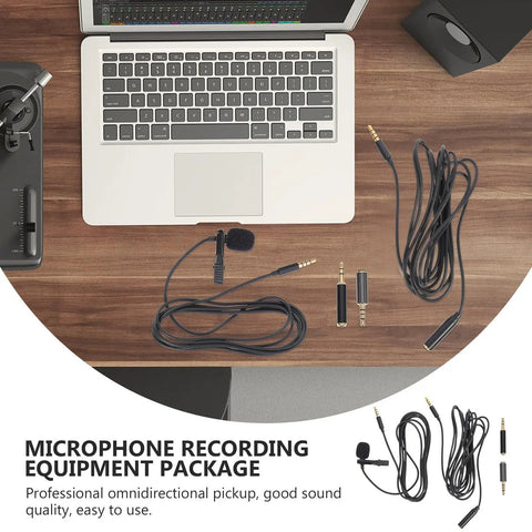 Go Anywhere Dual Pack Handheld Interview Microphone Kit For Podcasts Vlogs And Video Recording Zero Drama Plug And Play Setup with lapel mic and audio cables on a desk