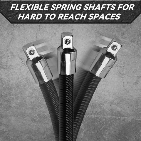 Three flexible spring shafts from the Four Piece Flexible Socket Extension Bar Set With One Half Quarter And Three Eighth Inch Shafts.