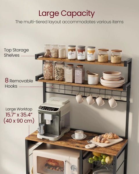 Top Tier Metal Baker Rack With Microwave Stand Rock Solid Kitchen Storage Shelf features a large worktop and eight removable hooks.