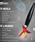 Der Red Max Rocket Building Kit with red fins launching, illustrating included tools and supplies for intermediate enthusiasts.