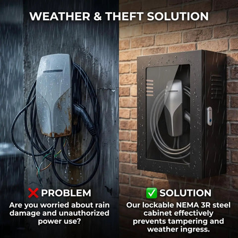 Rock Solid Commercial Grade Wall Mount EV Charger Enclosure Featuring Clear Front Window, shown before and after installation, protecting against elements.