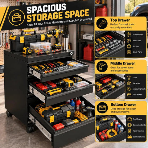 Rock Solid Heavy Duty Metal Rolling Tool Cabinet With Lockable Drawers And Non Slip Rolling Wheels For Straight Up Serious Garage Organizing And Badass Work Gear Storage Solutions showcasing spacious drawers with various tools and storage compartments.