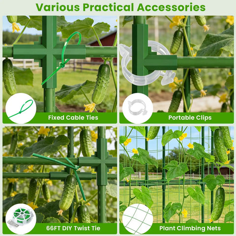 Close-up of U Shaped Garden Cucumber Trellis For Raised Beds A Sturdy 62 Inch Tall Metal Plant Support with cable ties and clips.
