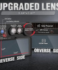 Auto Darkening Welding Helmet With Blue Light Blocking True Color Lens control panel and dimensions 3.64"x1.67"