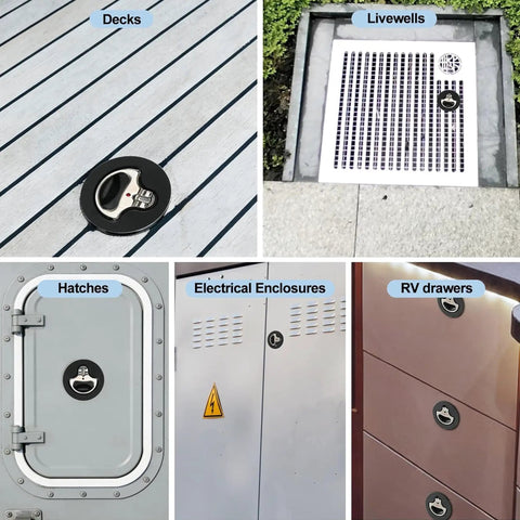 Hella Durable Marine Grade Boat Cam Latch Kit With Flush Backplates 2 Pcs Heavy Duty Stainless Steel Nylon hatch securing locks mounted on various surfaces