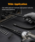 Built Like A Tank 1/2 Inch Drive Flexible Socket Extension Bar Set Featuring Dual Spring Steel Lengths in use with power tool.