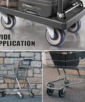 8 Pack 5 Inch Shopping Cart Replacement Wheels Kit With Double Ball Bearing TPU Silent Caster Wheels for supermarket
carts, showing installed wheels under trolley, shopping cart, and close-up view.