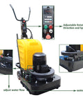 Electric Concrete Floor Grinder Polishing Machine With Dry And Wet Type Sander Buffer 25 Inch Working Width 12 Discs Can Be Installed Renovates Old Floors 220 Volts displayed with adjustable controls and water pipe details