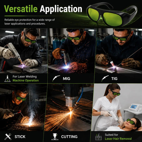 Kickass 800-1100nm Laser Safety Glasses Featuring Tough OD5+ And OD7+ Ratings For Near Infrared Work worn during MIG, TIG, and laser hair removal.
