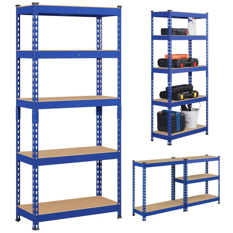Heavy Duty 3 Pack 5 Tier Metal Storage Shelves For Garage Featuring Fully Adjustable Modular Frame In Bright Blue with tools and storage.