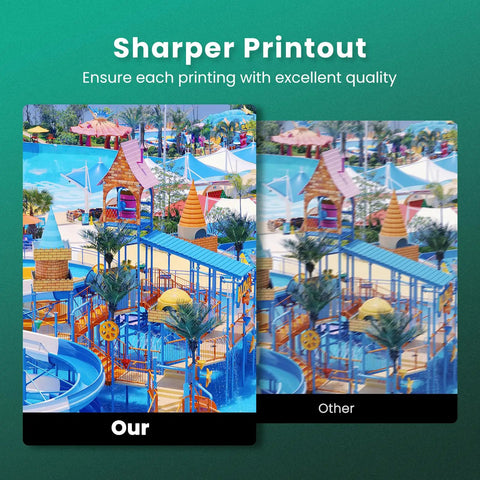 Comparison of print quality showing vibrant colors in water park image titled 'Our' versus dull colors in 'Other' photo.