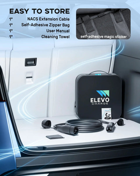 Extra Long 33Ft Ev Charger Extension Cable Rock Solid 50 Amp Nacs Plug beside zipper bag and cleaning towel in trunk