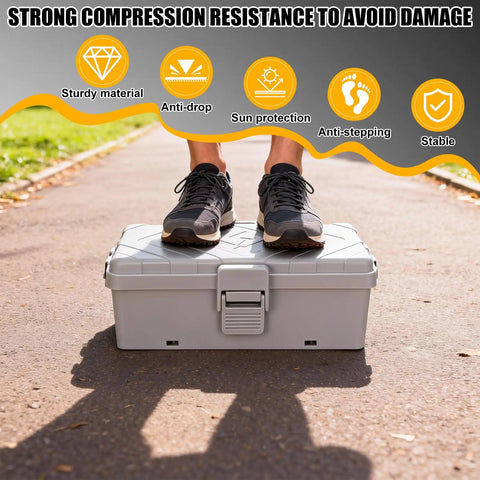 Person standing on Medium Grey Weatherproof Outdoor Electrical Box IP54 Waterproof Extension Cord Cover For Holiday Lights Pool Pump EV Charger And Bulky Timers In Top Shelf Heavy Duty Housing.