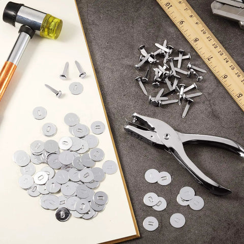 Sick Craft Kit With 100 Real Deal Silver Plated Iron Paper Fasteners And 300 Flat Washers Plus Heavy Duty Hole Punch layout with tools and materials.