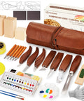 Starter Friendly Deluxe 46 Piece Wood Carving Kit With 6 Whittling Knives 5 Detail Knives 12 Color Paint Set Beewax 6 Basswood Blocks 4 Templates And PU Storage Bag For Beginners And Hobby Carvers displayed with tools and materials.