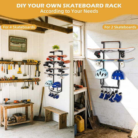 Wall Mounted Skateboard Rack Secures Four Boards And Helmets With Heavy Duty Angled Steel Arms in workshop setting.