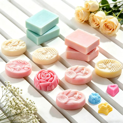 Assorted handmade soaps from the All In One Soap Making Kit For Grown Ups With 2.2 Lb Goat Milk Soap Base, Silicone Loaf Molds, Cutting Box.