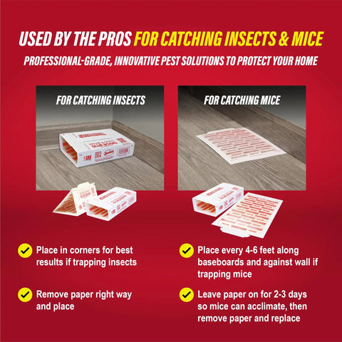 Heavy Duty Glue Traps 60 Pack Extra Sticky XL Pest Boards For Mice And Insects in use on floors catching insects and mice.