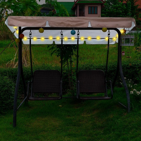 LED Lighted Patio Swing Canopy Replacement Top Waterproof 2-3 Seat Shade Awning Cover For Garden Outdoor Brown 76.8 By 48.4 Inch Weatherproof Durable Fabric With Night Lighting Ambiance on swing.