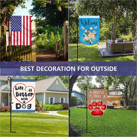 Premium Heavy Duty Garden Flag Holder Stand With Rugged All Weather Metal Flagpole And Secure Clip Included Built Tough For Windy Days And Year Round Backyard Display with various decorative flags.