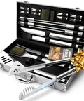 Complete 19-Piece BBQ Grill Utensil Set With Stainless Steel Tools And Aluminum Storage Case displayed open with tools inside.
