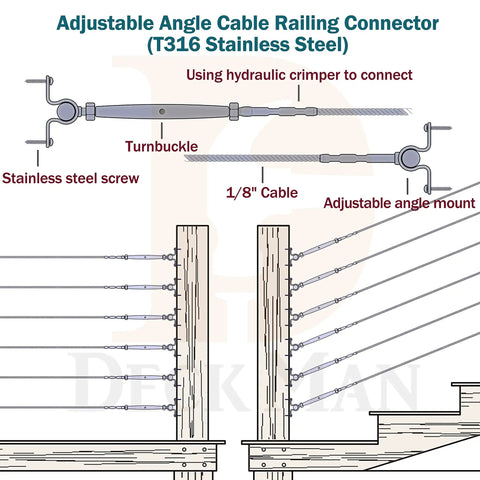 Adjustable Angle Marine Grade T316 Stainless Steel Cable Railing Kit For Wood Posts One Eighth Inch Cable 0 To 180 Degrees