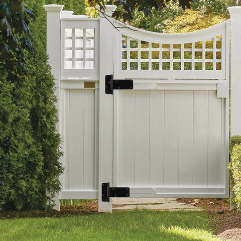 White wooden gate with 6 Inch Heavy Duty Gate Hinges 280 Lbs Capacity Black 4 Pack with Screws, for fences and barn doors.