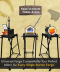 Propane Forge Stand For Single Burner Blacksmith Kits with three heavy-duty forge stands and anvils, heat resistant.