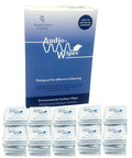 Audiologist's Choice Audio Wipes box with 100 individually wrapped towelettes; blue gradient packaging and stacked sachets in front