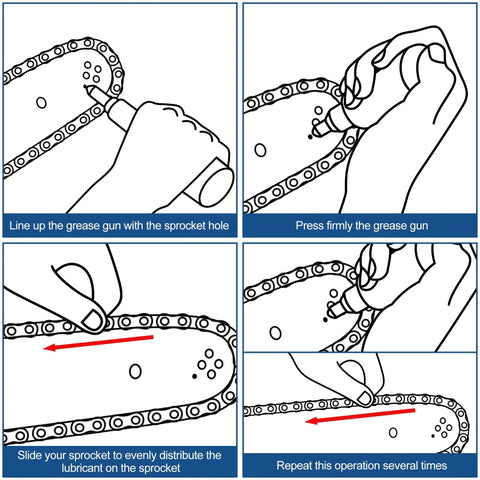 Diagram showing use of Two Pack Mini Chainsaw Grease Gun Kit With Preloaded Lubricant Universal Fit for maintaining tools.