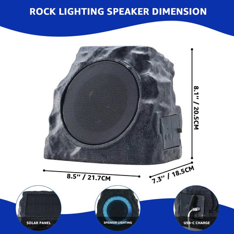 Two Pack Solar Powered Rock Speakers With Lit RGB Lights IP44 Water Resistant Outdoor Speakers for patio and USB charging