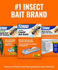 Three Terro insect bait products on orange background: outdoor stakes, ant killer, multi-surface bait for home pest control.