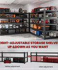 Heavy Duty 5 Tier Garage Shelving Unit Packing 5000 Lbs Metal Storage Rack Adjustable with organized tools and storage bins