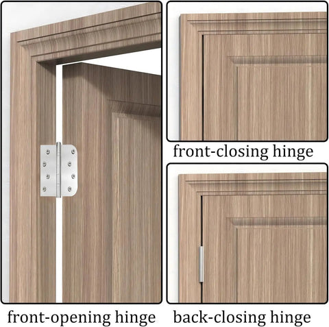 Heavy Duty Ball Bearing Door Hinges Four Inch Stainless Steel Brushed Nickel Finish displayed on door frame with open and closed views.