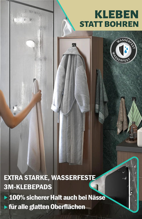 Top Shelf Black Self Adhesive Towel Hooks 6 Pack Stainless Steel Bathroom Wall Mount holding towels in a humid setting.