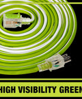 Fifty Foot Heavy Duty Extension Cord With Locking Plug And Lighted End For Extreme Cold Heat Climate Job Site Or Yard Work 15 Amp Indoor Outdoor Power Cable Five Year Warranty Tough As Nails in high visibility green color.