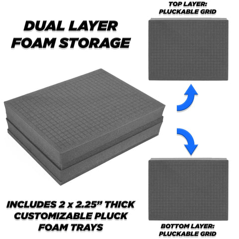17 Inch Locking Storage Box With Two Layer Customizable Foam Hard Shell Aluminum Frame Lock Box For Dorm Room Personal Items Tools And Electronics Secure With Two Keys, showing dual-layer pluckable foam trays.