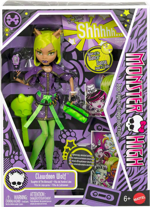 Clawdeen Wolf Dawn Of The Dance Reproduction Doll in purple zip dress, green tights, holding accessories. Collector piece.